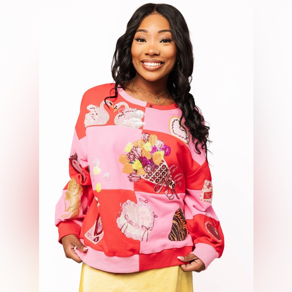 QUEEN OF SPARKLES Checkered VALENTINES ICONS Sweatshirt Top NWT ANTHROPOLOGIE
